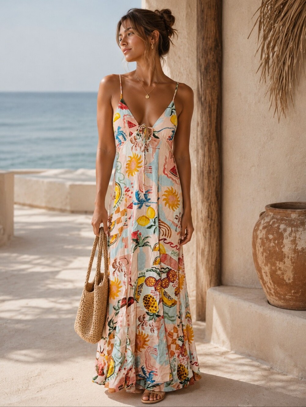 NWT Paper Heart Tropical Fruit Linen Maxi Dress Size L V Neck